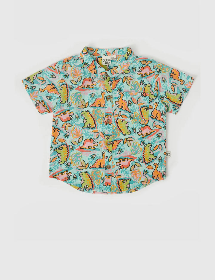 Holiday Linen Shirt Dino Jungle Sea Foam