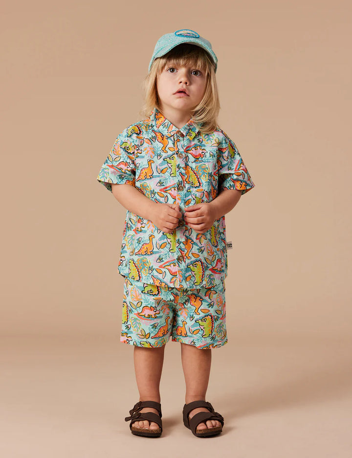 Holiday Linen Shirt Dino Jungle Sea Foam