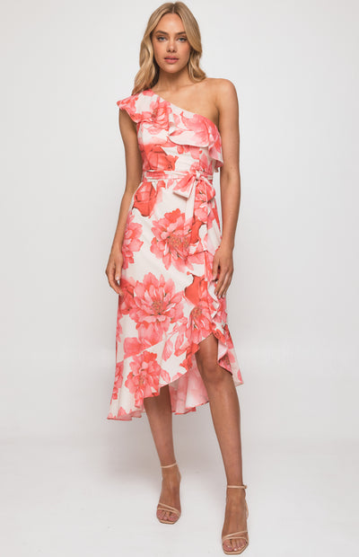 one shoulder floral midi